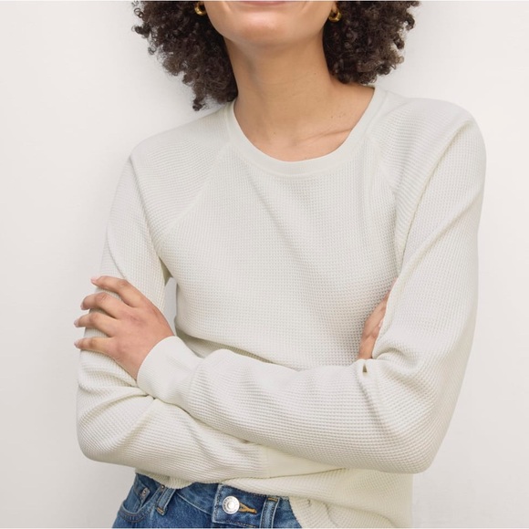 Everlane Waffle Crew Long Sleeve Tee 100% Organic Cotton Off-White Bone Size S - Picture 2 of 11